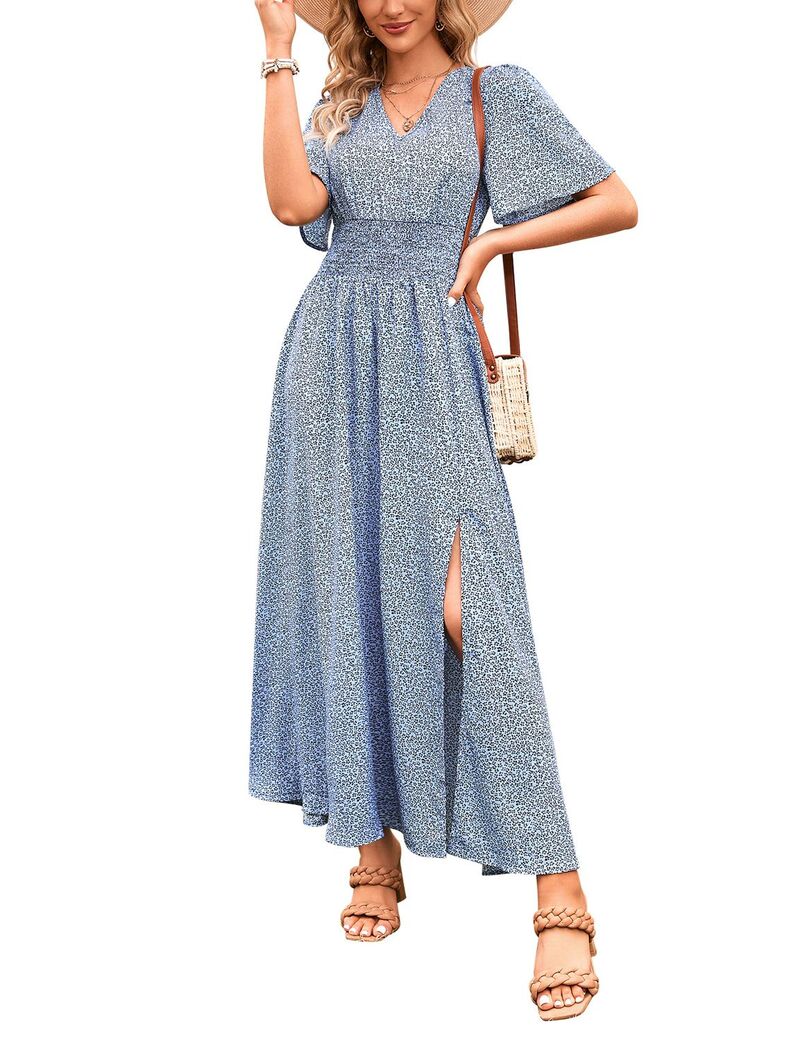 クリアラブ レディース トップス ワンピース Vネック プリント フリル シャーリング Clearlove Women's V-Neck Ruffle Sleeve Printedressmocked Waist Casual Dress Blue ブルー|ReVida 店