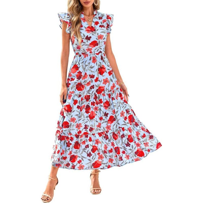 ボディサイズ レディース トップス ワンピース Vネック フラワー柄 シャーリング キャップ マキシ フラワー BODDYSIZE Women'summer Floral Casual Dress V Neck Cap Sleeve Smocked Flowy Maxi Dress Beach Sundress Red Flower レッド|ReVida 店