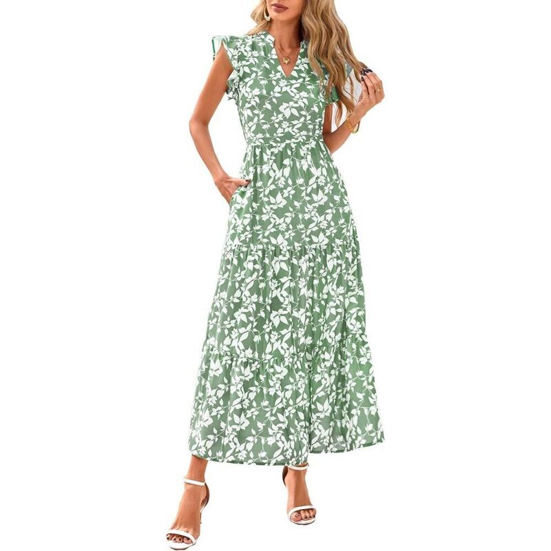 ボディサイズ レディース トップス ワンピース Vネック フラワー柄 シャーリング キャップ マキシ フラワー BODDYSIZE Women'summer Floral Casual Dress V Neck Cap Sleeve Smocked Flowy Maxi Dress Beach Sundress White Flower ホワイト|ReVida 店