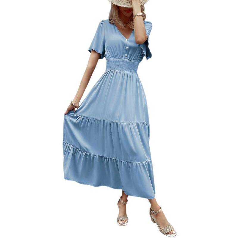 イエスファッション レディース トップス ワンピース Vネック ティアード ミディ シャーリング Yesfashion Women's Tie red Midi Dress V-Neck Flutter Short Sleevesmocked Waist for Casual Beach Wear Blue ブルー|ReVida 店