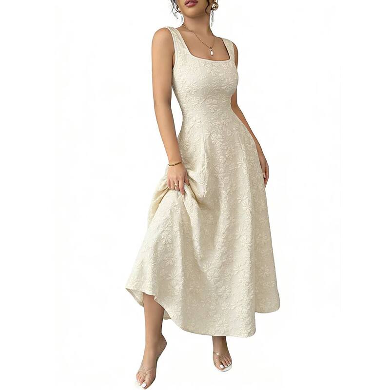 クリアフラワー レディース トップス ワンピース A ライン フラワー柄 ノースリーブ マキシ ClearFlower Women'square Neck Sleeveless Maxi Dress Floral Embossed Texture Fitted Flowy A Line Dresses Beige ベージュ｜ReVida 店