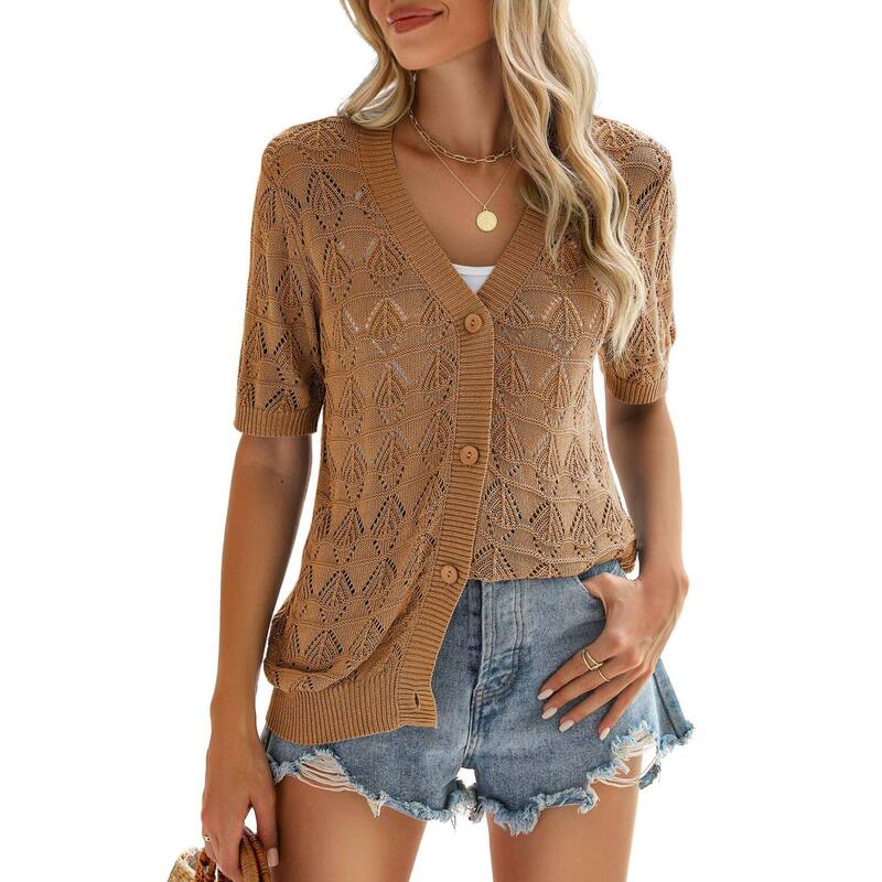 ジーグー レディース アウター ニット・セーター Vネック カーディガン クロップド Zeagoo Women'short Sleeve Crochet Cropped Cardigan V Neck Button Up Bolero Shrug Sweater Brown ブラウン|ReVida 店
