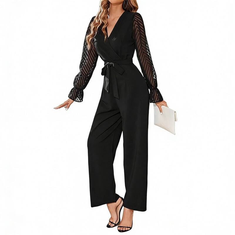 コジョイン レディース トップス ワンピースリムフィット ワイドレッグ Vネック シアー ジャンプスーツ Kojooin Women's V-Neck Sheer Long Sleeve Belted Wide Leg Jumpsuit - Slim Fit Elegant Party Wear Black ブラック｜ReVida 店