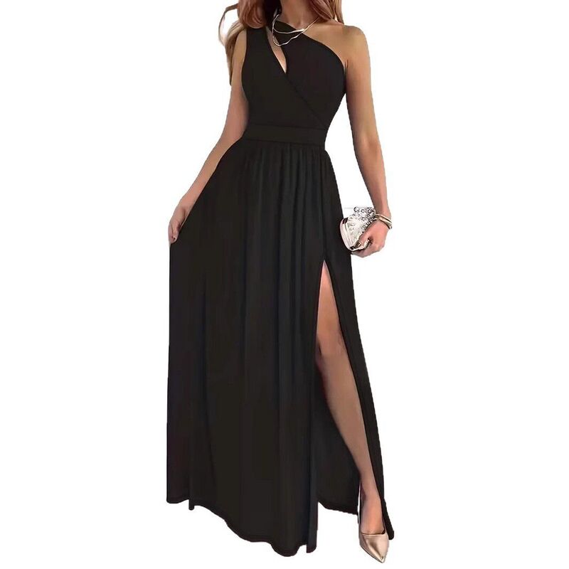 ボディサイズ レディース トップス ワンピース カットアウト プリーツ ノースリーブ マキシ BODDYSIZE Women's One Shoulder Cutout Pleated Maxi Dressleeveless High Slit Solid Color Formal Dresses Black ブラック|ReVida 店