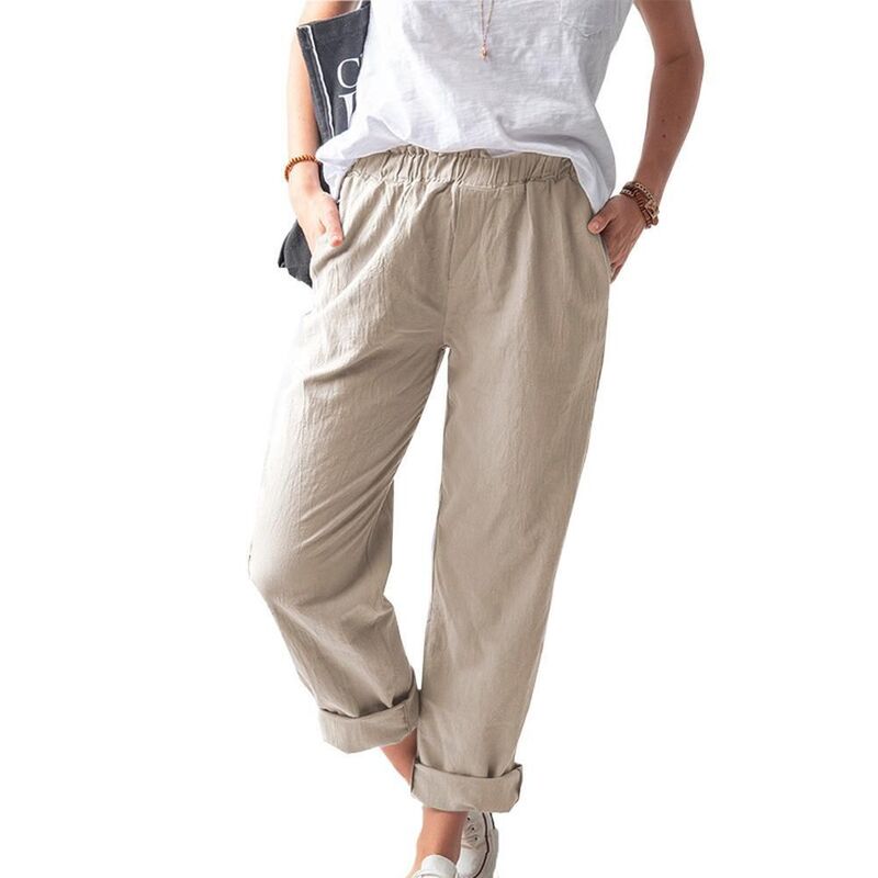 コジョイン レディース ボトムス カジュアルパンツ ストレート Kojooin Women's Elastic Waist Pants, Casual Straight Leg Trousers with Pockets Khaki カーキ｜ReVida 店