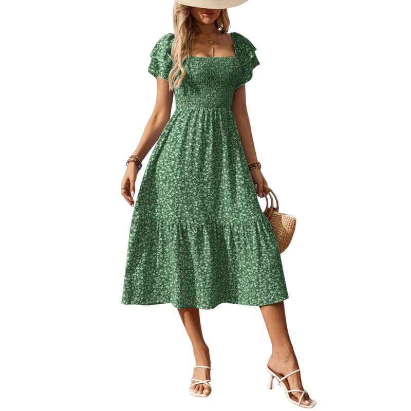 コジョイン レディース トップス ワンピース フラワー柄 ミディ オフショルダー シャーリング フラワー Kojooin Women's Off-Shoulder Floral Smocked Midi Dress, Short Puff Sleeve High Low Hem Dress Dark Green グリーン|ReVida 店