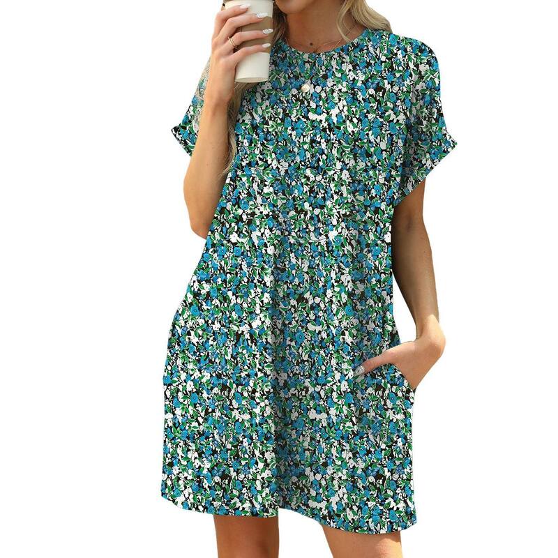 エリートスピリット レディース トップス ワンピース クルーネック A ライン フラワー柄 プリント フラワー EliteSpirit Womensummer Dresses Casual Crewneck Short Sleeve Floral Print Sundresses Beach A-line Shift Dress Green Flowers グリーン｜ReVida 店