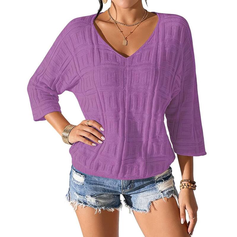 クリアフラワー レディース アウター ニット・セーター Vネック ブラウス ClearFlower Womens V Neck 3/4 Sleeve Knitop Textu red Relaxed Loose Fit Casual Blouse Purple パープル|ReVida 店