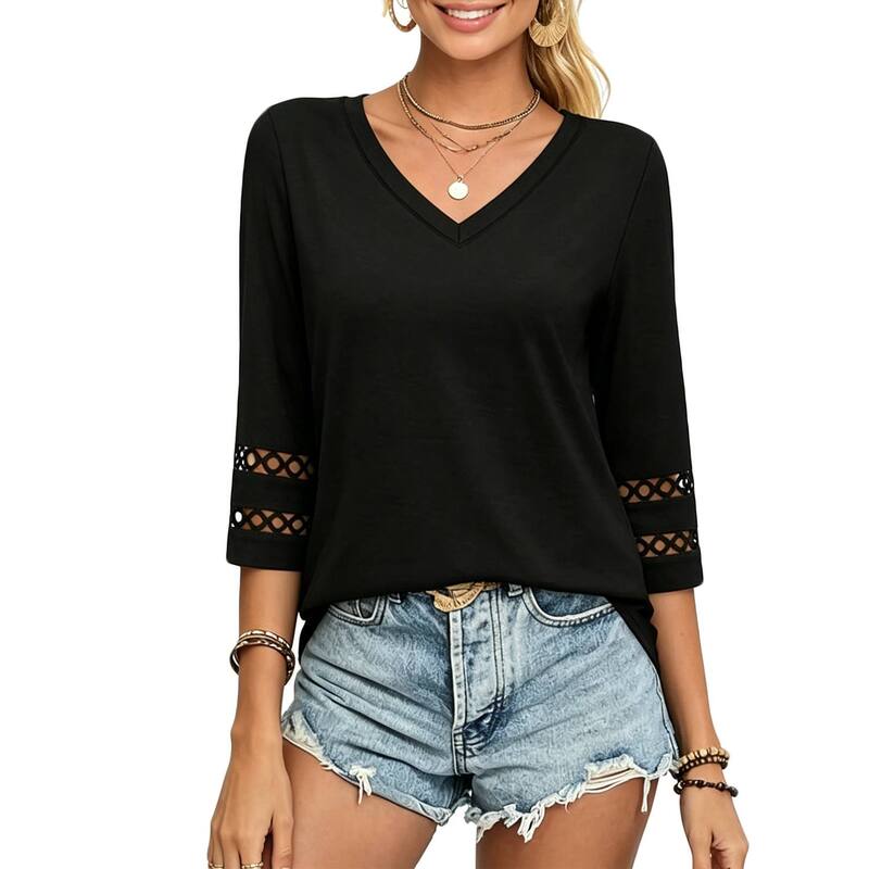 クリアフラワー レディース トップス シャツ Vネック カットアウト ClearFlower Women &rsquo; s V-Neck 3/4 Sleeve Top, Casual T-Shirt with Cutout Cuffs for Everyday Wear Black ブラック｜ReVida 店 10,765円