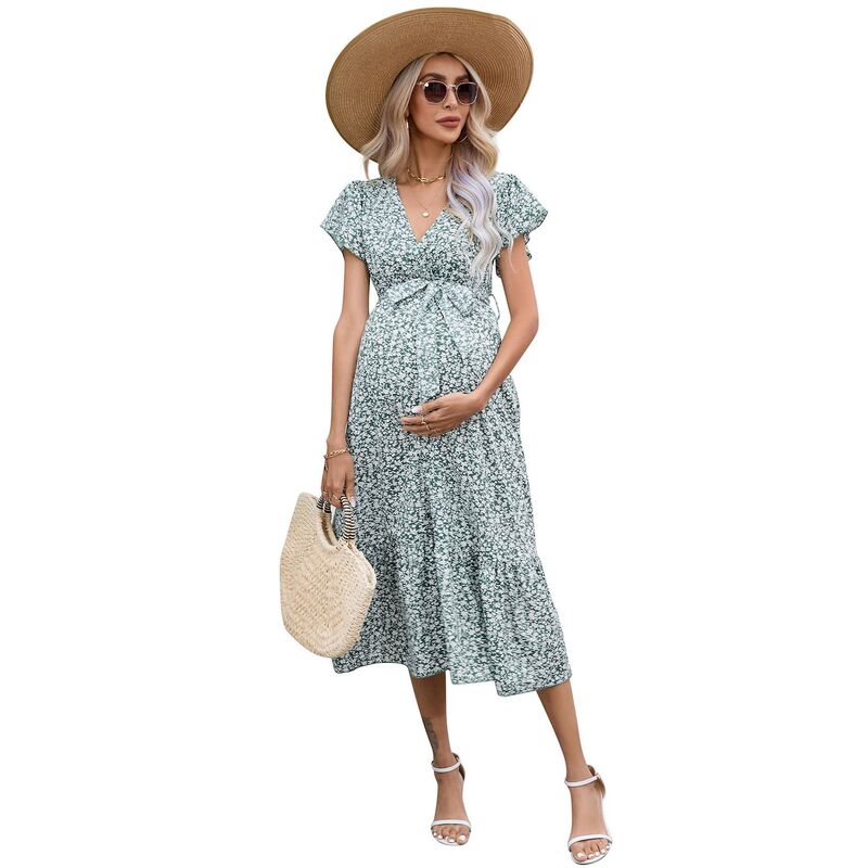 ミスキー レディース トップス ワンピース Vネック マタニティ マキシ MISSKY Women's Maternity V Neck Wrap Maxi Summer Dresshort Sleeve Boho Casual Nursing Dresses Light Green グリーン|ReVida 店