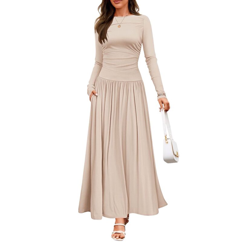 クリアフラワー レディース トップス ワンピースリムフィット クルーネック ギャザー リブ ニット ClearFlower Women's Ribbed Knit Dress with Ruched Pocketslim Fit Crewneck Long Sleeve Khaki カーキ｜ReVida 店 10,205円