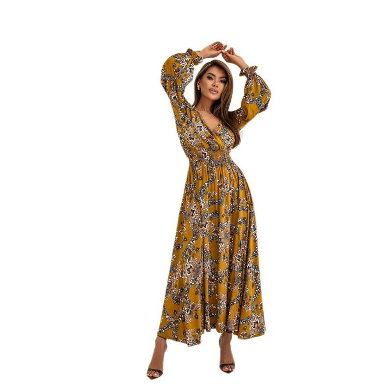イエスファッション レディース トップス ワンピース Vネック A ライン フラワー柄 エンパイア マキシ フラワー Yesfashion Womens Long Sleeve Boho Floral Deep V Neck Empire Waist Slit A Line Flowy Weddinguest Maxi Dresses Yellow Flower イエロー|ReVida 店