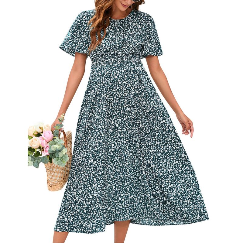 セオリア レディース トップス ワンピース フラワー柄 プリント フリル ミディ シャーリング マタニティ フラワー Seoria Bohemian Maternity Dress with Ruffles & Floral Print Short Sleeve Smocked Midi Dress Dark Green グリーン|ReVida 店