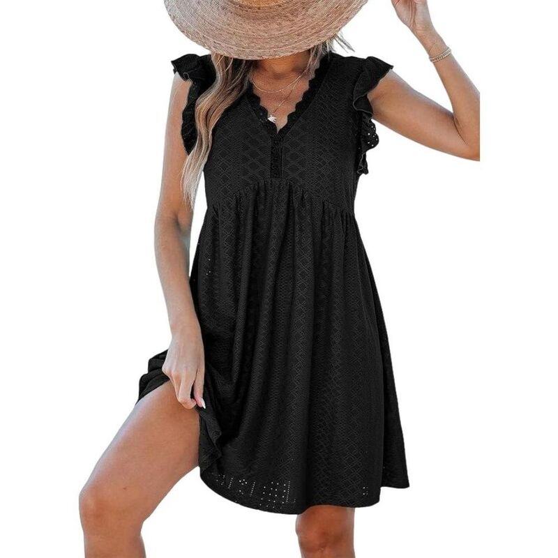 イエスファッション レディース トップス ワンピース Vネック A ライン ミニ ノースリーブ Yesfashion Women'sleeveless Hollow Out Mini Dressummer Casual Beachwear V-Neck A-Line Dresses Black ブラック｜ReVida 店