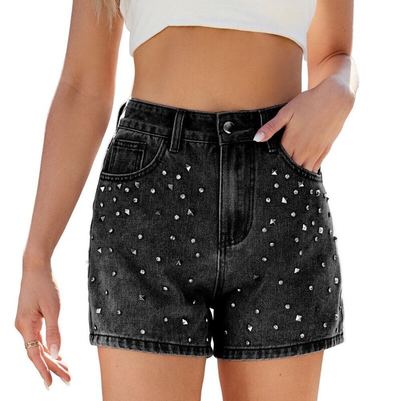 イエスファッション レディース ボトムス ハーフパンツ・ショーツ ハイウエスト ショートパンツ デニム Yesfashion Women's Denim Shorts High Waist Rhinestone Shine Jean Short Y2K Summer Casual Jean Shorts Black ブラック|ReVida 店