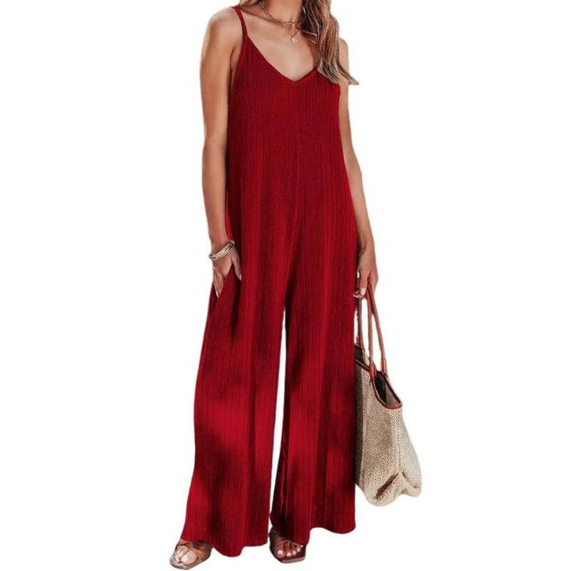 イエスファッション レディース ボトムス カジュアルパンツ ワイドレッグ Vネック ロンパース ジャンプスーツ Yesfashion Women V Neck Spaghetti Strap Wide Leg Dressy Jumpsuits Casual One Piece Romper Outfits Pockets Red レッド｜ReVida 店