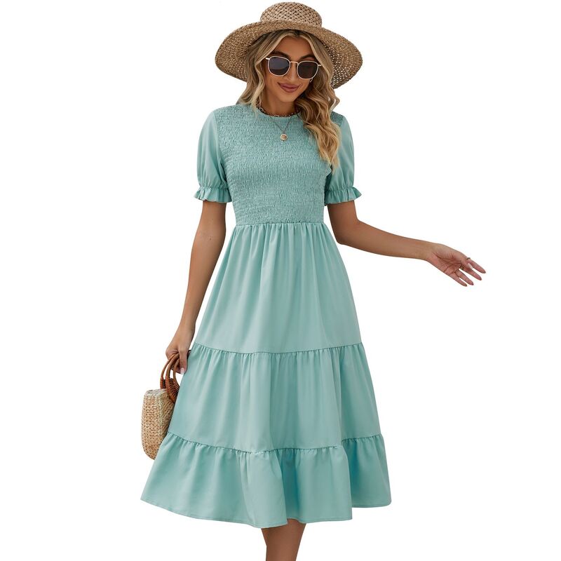 セオリア レディース トップス ワンピース ティアード クルーネック ミディ シャーリング Seoria Women'summer Dress Puff Short Sleeve Crew Neck Smocked Elastic Waistie red Midi Dress with Belt Green グリーン｜ReVida 店 10,625円