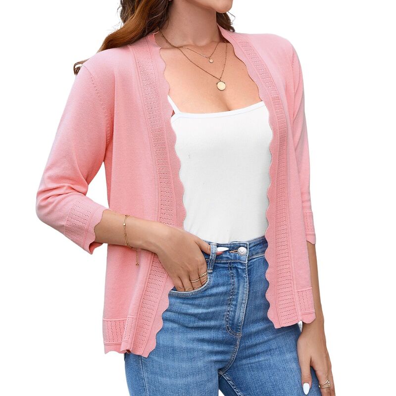 クリアフラワー レディース アウター ニット・セーター カーディガン ClearFlower Women's 3/4 Sleeve Knit Cardigan Lightweight Casual Open Front Shrugsweater For Spring Summer Pink ピンク｜ReVida 店