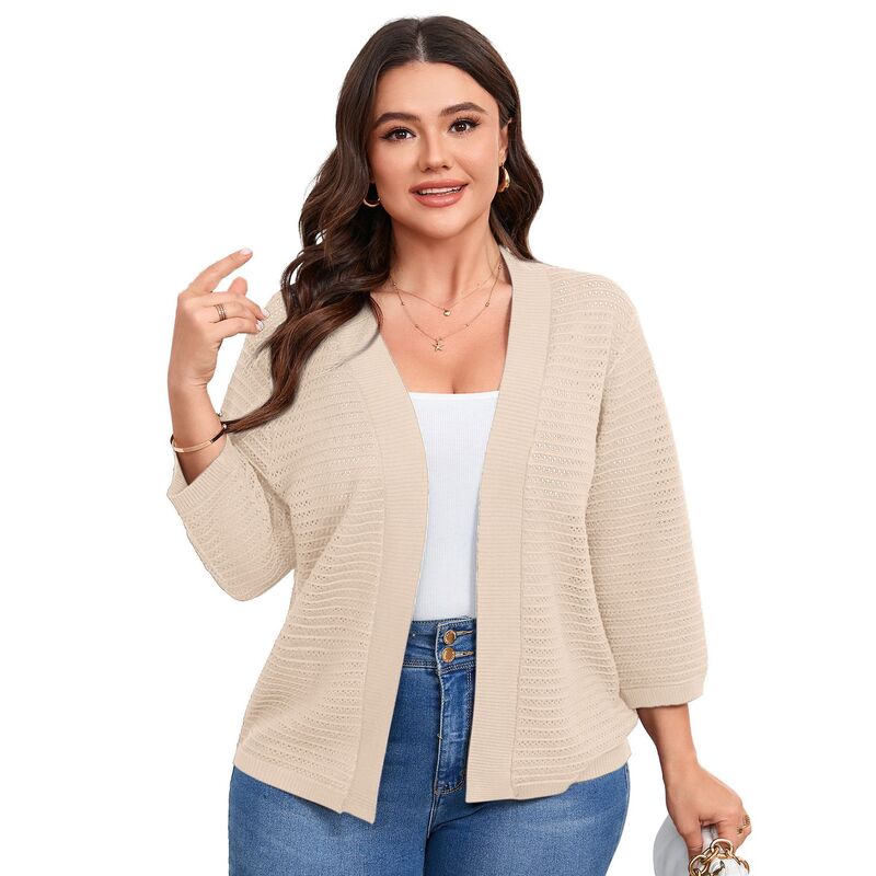 セオリア レディース アウター ニット・セーター プラスサイズ カーディガン Seoria Plusize 3/4 Sleeve Cardigan for Women Lightweight Hollow Out Knitted Top Beige ベージュ|ReVida 店