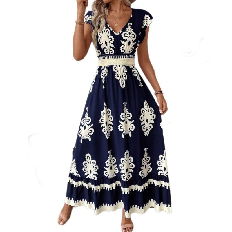 エリートスピリット レディース トップス ワンピース Vネック キャップ エンパイア マキシ EliteSpirit Women V Neck Vacation Sundress Boho Cap Sleeve Wrap Dress Empire Waist Maxi Dresses Navy Blue ネイビー｜ReVida 店