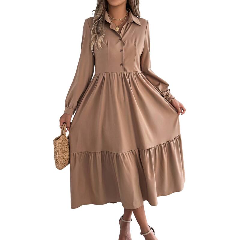 セオリア レディース トップス ワンピース ボタンダウン フリル ダウン マキシ Seoria Women's Long Sleeve Dress Button Down Flowy Fall Ruffle Maxi Holiday Dresses Khaki カーキ|ReVida 店