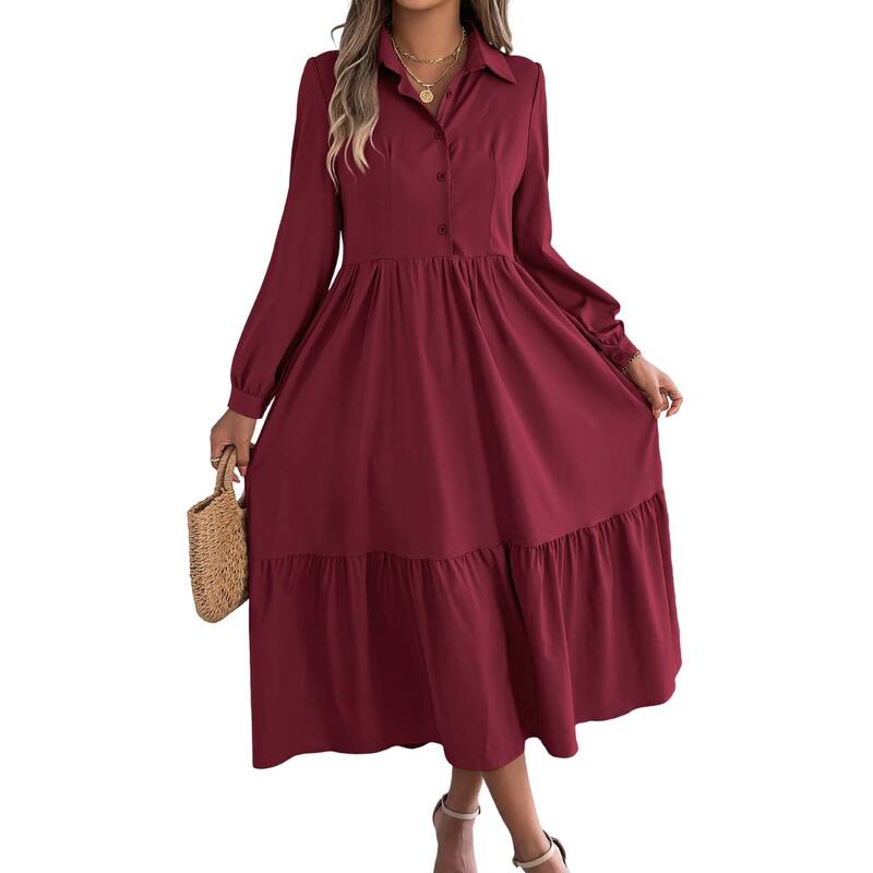 セオリア レディース トップス ワンピース ボタンダウン フリル ダウン マキシ Seoria Women's Long Sleeve Dress Button Down Flowy Fall Ruffle Maxi Holiday Dresses Wine Red レッド|ReVida 店