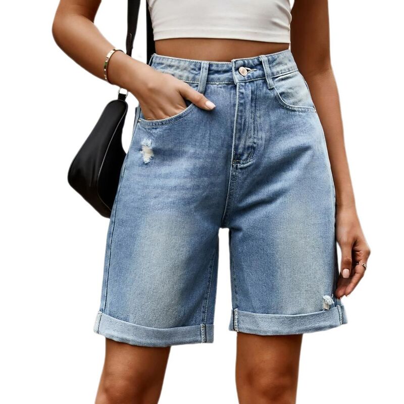 セオリア レディース ボトムス ハーフパンツ・ショーツ ワイドレッグ ショートパンツ ジーンズ Seoria Women's Casual Wide Leg High Rise Rolled Hem Jeanshorts Light Blue ブルー|ReVida 店