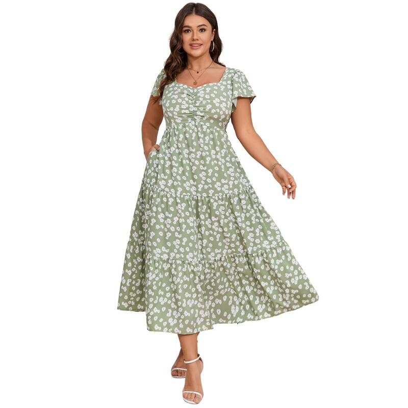 セオリア レディース トップス ワンピース フラワー柄 プラスサイズ フラワー Seoria Women's Plusize Floral Short Sleeve Wedding Long Dress Green グリーン|ReVida 店