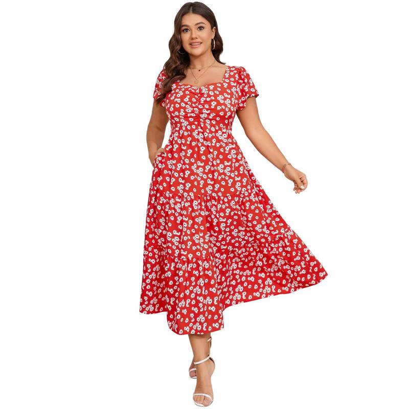 セオリア レディース トップス ワンピース フラワー柄 プラスサイズ フラワー Seoria Women's Plusize Floral Short Sleeve Wedding Long Dress Red レッド|ReVida 店