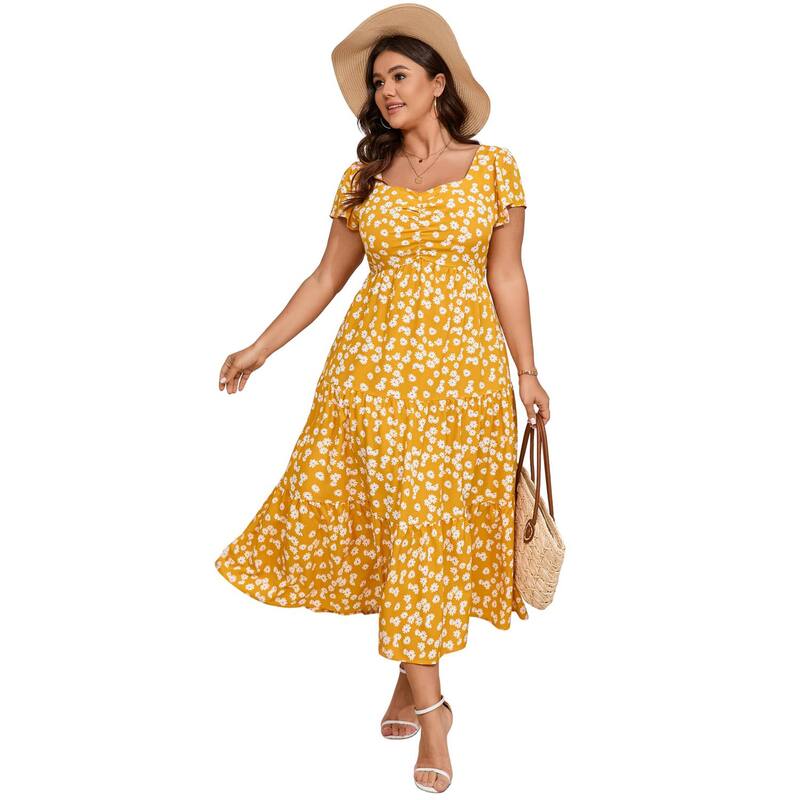 セオリア レディース トップス ワンピース フラワー柄 プラスサイズ フラワー Seoria Women's Plusize Floral Short Sleeve Wedding Long Dress Yellow イエロー|ReVida 店