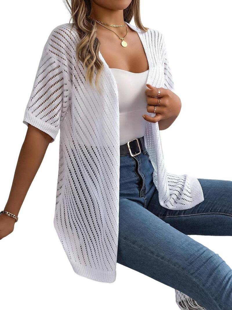 クリアラブ レディース アウター ニット・セーター カーディガン Clearlove Women's Hollow Knit Short Sleeve Cardigan Beach Cover-Up White ホワイト|ReVida 店