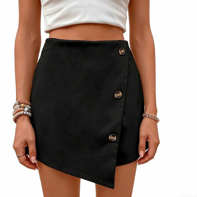 エリートスピリット レディース ボトムスカート アシンメトリー ハイウエスト EliteSpirit Women's High Waist Skort, Button Trim Wrap Front Asymmetric Skort for Office Black ブラック｜ReVida 店 10,345円