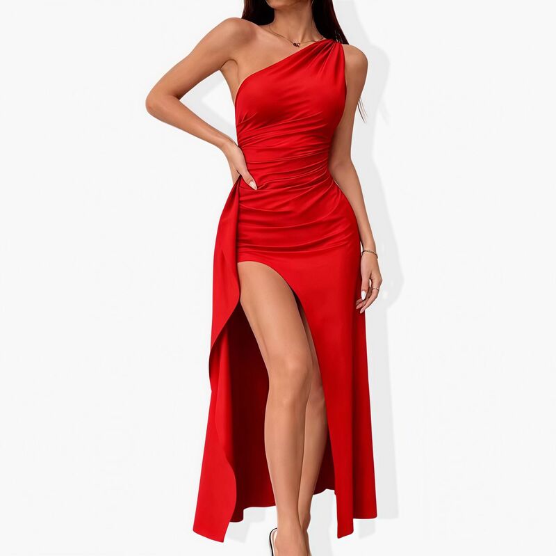 クリアフラワー レディース トップス ワンピース アシンメトリー ギャザー サテン マキシ ClearFlower Women's One Shoulder Satin Maxi Dress - Elegant Ruched Asymmetric Eveningown for Party Red レッド｜ReVida 店