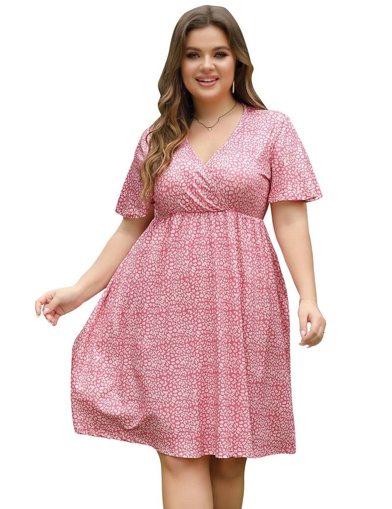 ファンジュライ レディース トップス ワンピース Vネック フラワー柄 プラスサイズ プリント フラワー FUNJULY Women's Plusize V-Neck Floral Print Dress with Side Pockets Pink Leopard ピンク｜ReVida 店