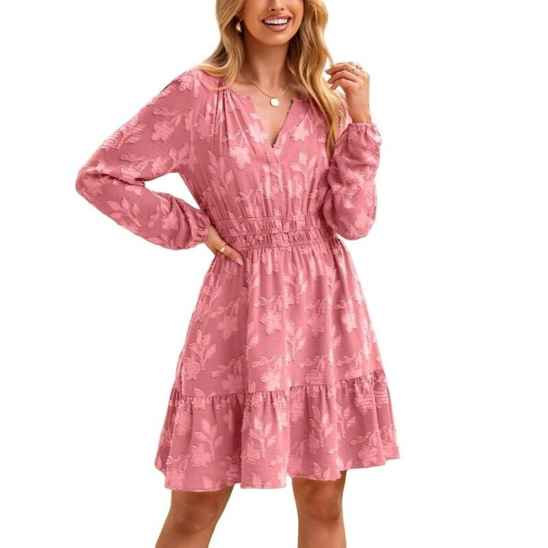 イエスファッション レディース トップス ワンピース フリル裾 Vネック フラワー柄 フリル ミニ シャーリング フラワー Yesfashion Women's Floralong Sleeve Mini Dress V-Neck Smocked Waist Ruffle Hem Casual Dress Pink ピンク|ReVida 店