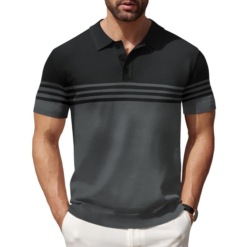 クーファンディ メンズ トップス Tシャツ ボタンダウン ポロシャツ ダウン ニット COOFANDY Men' Striped Knit Polo Shirt Short Sleeve Button Down Knittingolf Shirts Classic Fit Black Andark Grey ブラック｜ReVida 店