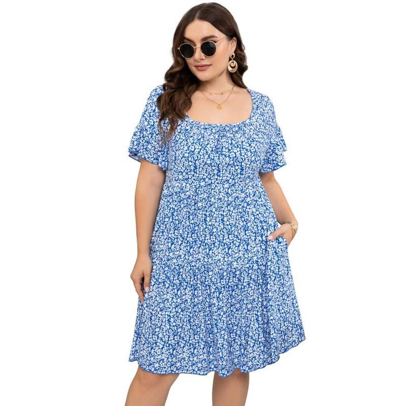 イエスファッション レディース トップス ワンピース ティアード フラワー柄 プラスサイズ プリント フラワー Yesfashion Women's Plusize Floral Printieredresshort Sleeve Square Neck Casual Dress Blue Flower ブルー｜ReVida 店