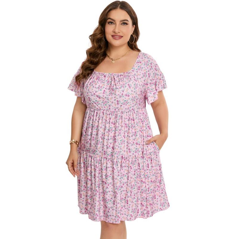 イエスファッション レディース トップス ワンピース ティアード フラワー柄 プラスサイズ プリント フラワー Yesfashion Women's Plusize Floral Printieredresshort Sleeve Square Neck Casual Dress Pink Rose ピンク|ReVida 店