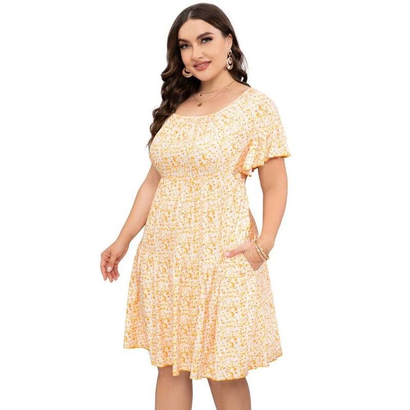 イエスファッション レディース トップス ワンピース ティアード フラワー柄 プラスサイズ プリント フラワー Yesfashion Women's Plusize Floral Printieredresshort Sleeve Square Neck Casual Dress Yellow Flower イエロー｜ReVida 店