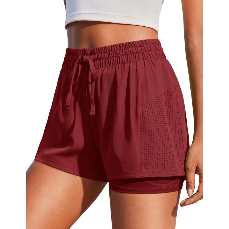 ピンスパーク レディース ボトムス ハーフパンツ・ショーツ ショートパンツ Pinspark Women's High Waisted 2-in-1 Athletic Shorts Quick Dry Gym Shorts with Pockets Christmas Dark Red レッド｜ReVida 店 9,926円