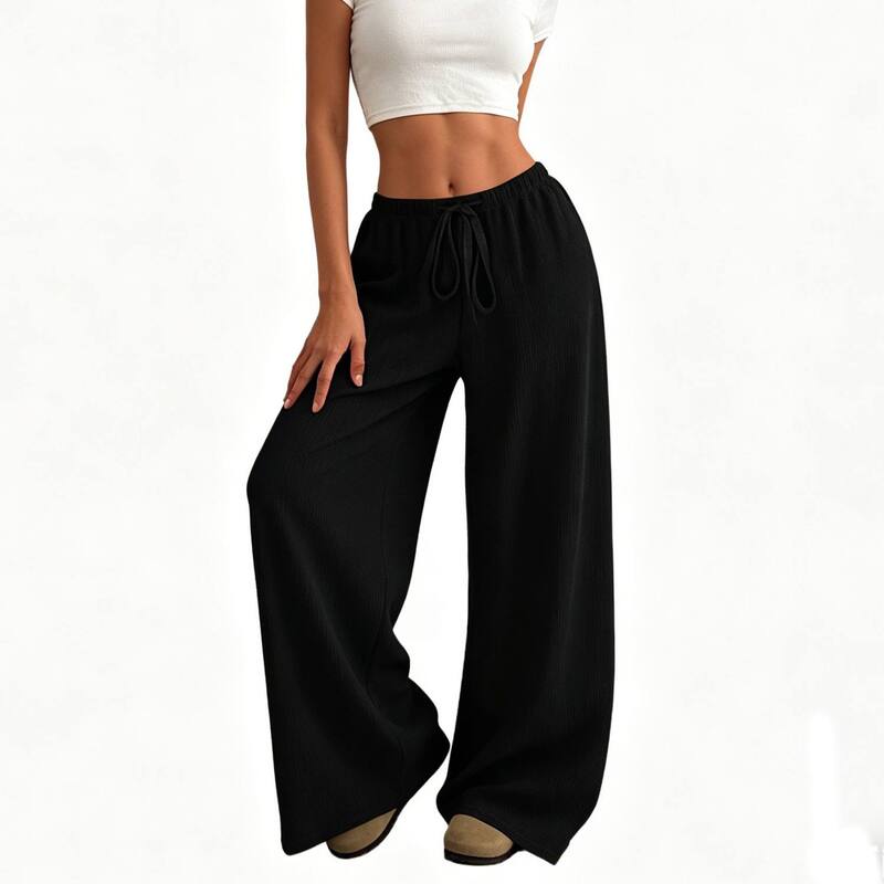 クリアフラワー レディース ボトムス カジュアルパンツ ストレート ClearFlower Women's Crinkle Gauze Drawstring Wide Straight Leg Long Pantsummer Casualoose Fit Loungewear Black ブラック｜ReVida 店
