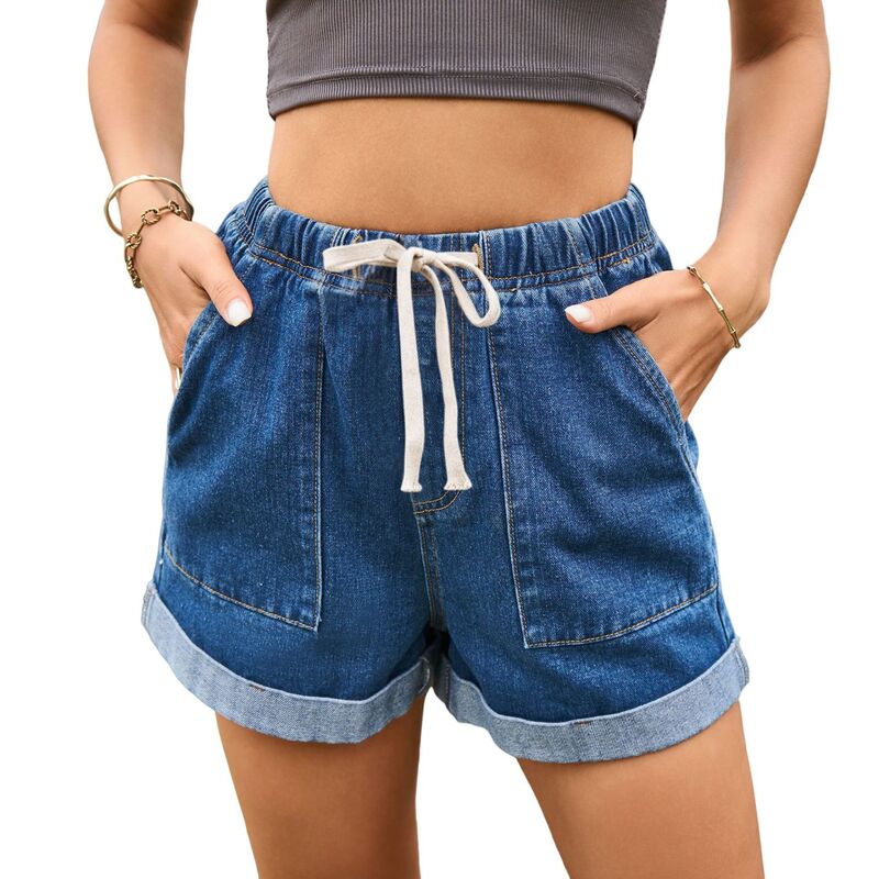 セオリア レディース ボトムス ハーフパンツ・ショーツ ハイウエスト ショートパンツ デニム Seoria Women's High Waist Drawstring Denim Shorts, Elastic Waist Rolled Hem Casual Jean Shorts Dark Blue ブルー|ReVida 店