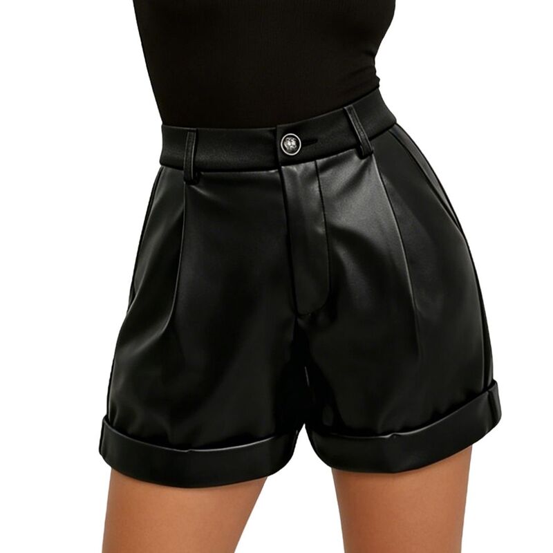 クリアフラワー レディース ボトムス ハーフパンツ・ショーツ プリーツ ショートパンツ レザー フェイクレザー ClearFlower Women's High Waisted Pleated Faux Leather Shorts Rolled Cuff Hem Casual Cocktail Shorts Black ブラック|ReVida 店