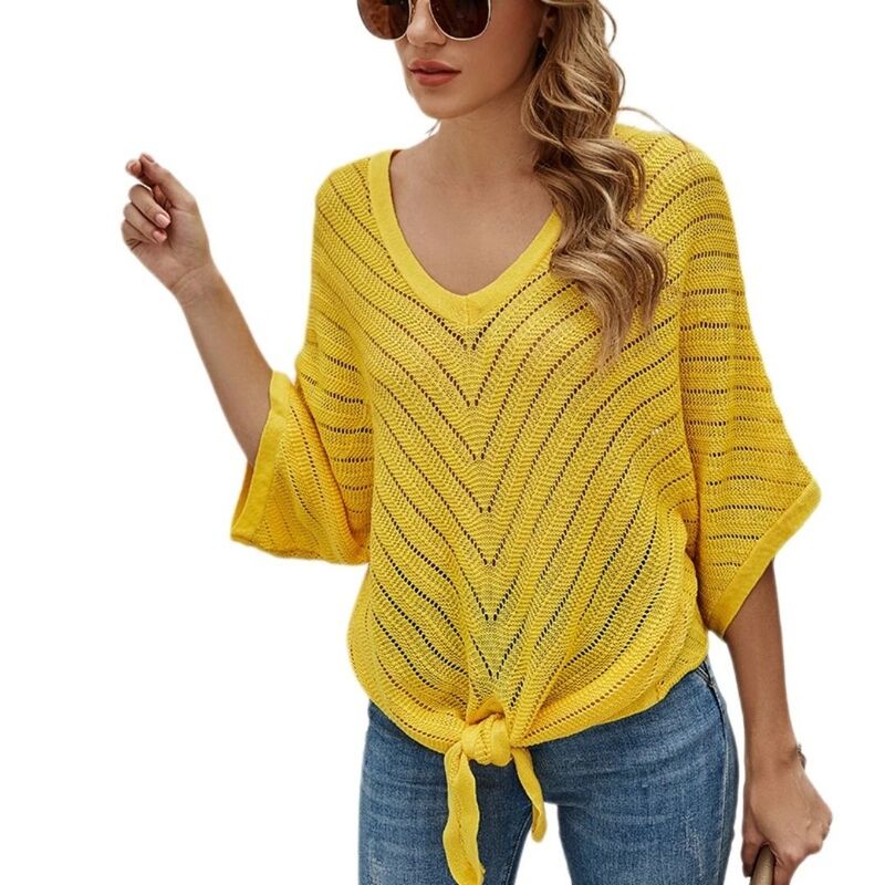 イエスファッション レディース アウター ニット・セーター Vネック Yesfashion Women's V-neck Batwing Sleeve Cover Up, 3/4 Sleeve Textu red Crochet Casual Top Yellow イエロー｜ReVida 店 10,904円