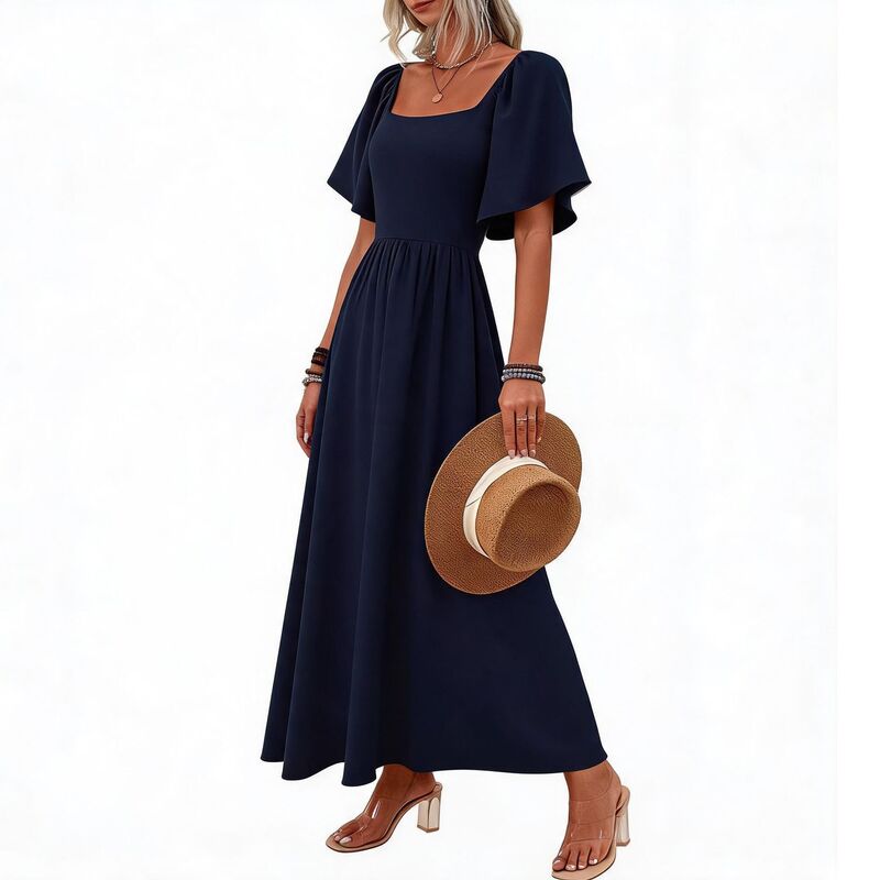 エリートスピリット レディース トップス ワンピース A ライン マキシ EliteSpirit Women'square Neck Maxi Dress Flutter Short Sleeve Flowy A-Line Long Dress Navy Blue ネイビー｜ReVida 店 10,205円