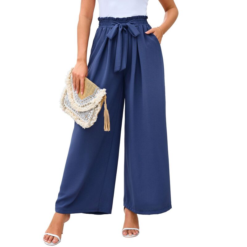 コジョイン レディース ボトムス カジュアルパンツ ワイドレッグ フリル Kojooin Women Wide Leg Pants Ruffle Tie Waist Loose Casual Trousers Navy Blue ネイビー｜ReVida 店 10,765円