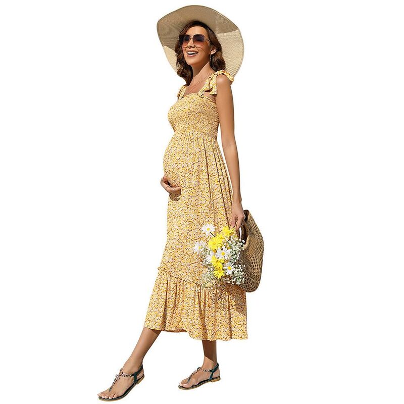 ミスキー レディース トップス ワンピース フリル ノースリーブ シャーリング マタニティ マキシ MISSKY Smocked Maternity Boho Dress Casual Spaghetti Strap Ruffle Sleevelesswing Summer Maxi Dress Yellow イエロー｜ReVida 店