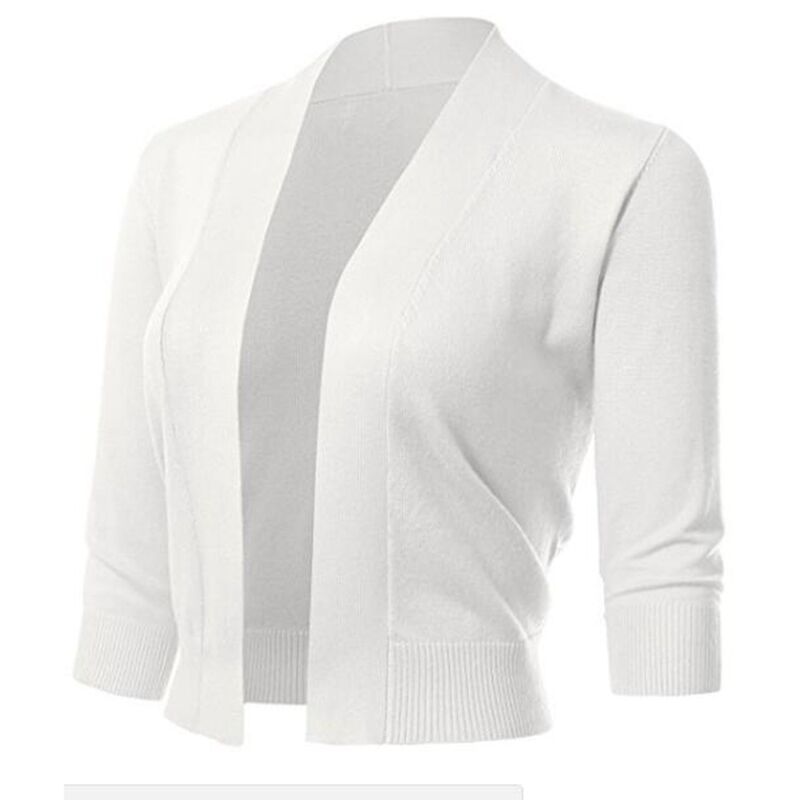 セオリア レディース アウター ニット・セーター カーディガン クロップド Seoria Ladies' 3/4 Sleeve Cropped Cardigan Open Front Knit Short Bolero Shrugs Pure White ホワイト｜ReVida 店