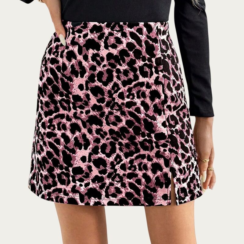 アンナカシ レディース ボトムスカート プリント ミニ Anna-Kaci Women &rsquo; s Leopard Print Mini Skirt with Smooth Textu red Fabric and Sleek Straight Silhouette Design Mauve Pink ピンク｜ReVida 店