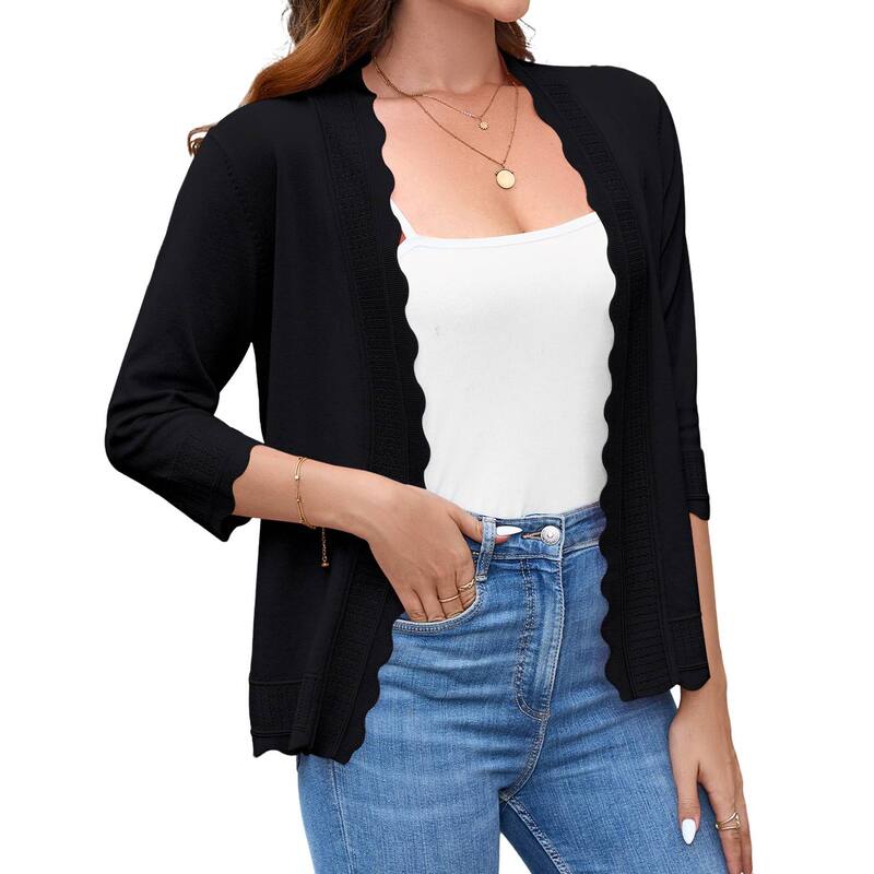 クリアフラワー レディース アウター ニット・セーター カーディガン ClearFlower Women's 3/4 Sleeve Knit Cardigan Lightweight Casual Open Front Shrugsweater For Spring Summer Black ブラック|ReVida 店
